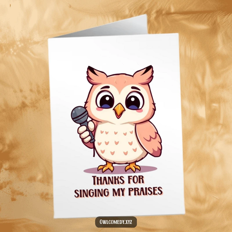 Free Printable Thank You Card: Cheerful kawaii owl holding microphone, tilting head, giving a thankful performance.