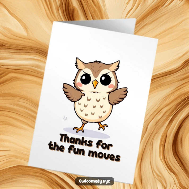 Cute Free Printable Thank You Card of a kawaii owl energetically dancing with visible motion lines, expressing joyful thanks.