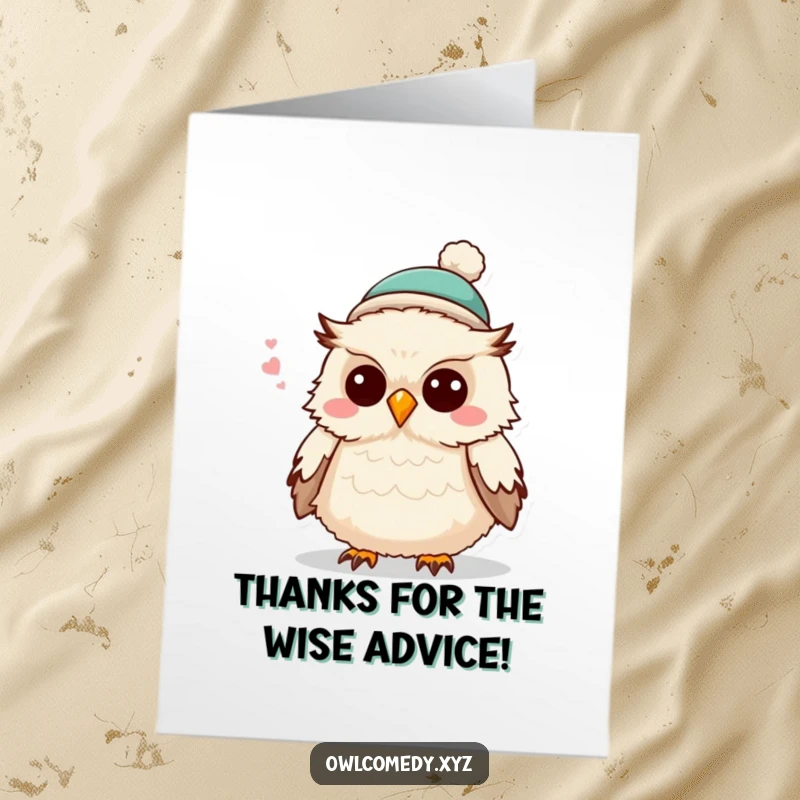 Funny Free Printable Thank You Card: A cute fluffy owl in a miniature hat, delivering a joke with a playful expression.