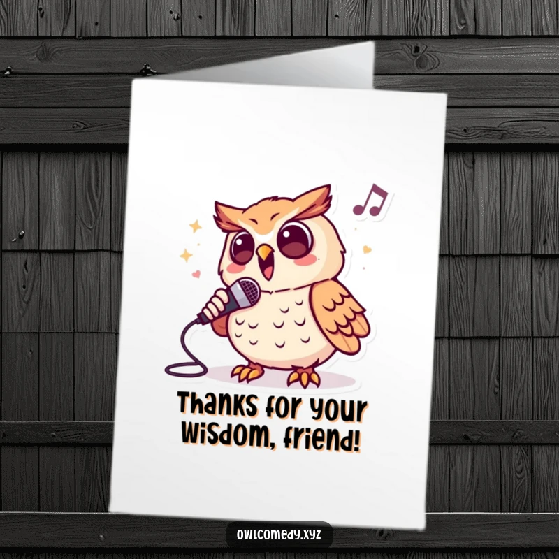 Funny Free Printable Thank You Card: An owl enthusiastically singing into a microphone, expressing thanks.