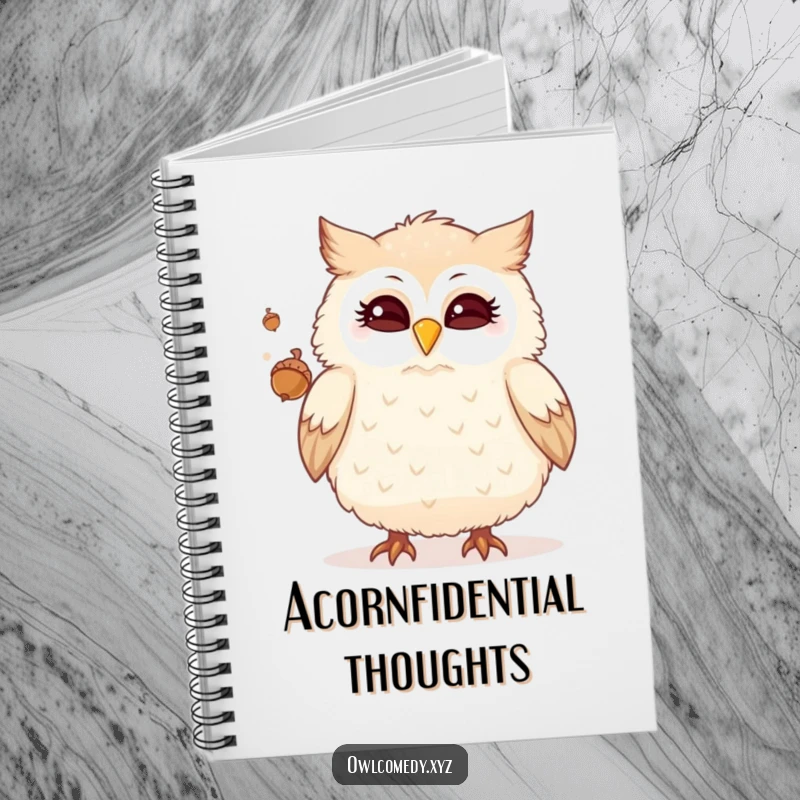 Funny notebook featuring a fluffy owl winking and juggling acorns, perfect for jotting down humorous thoughts and plans.