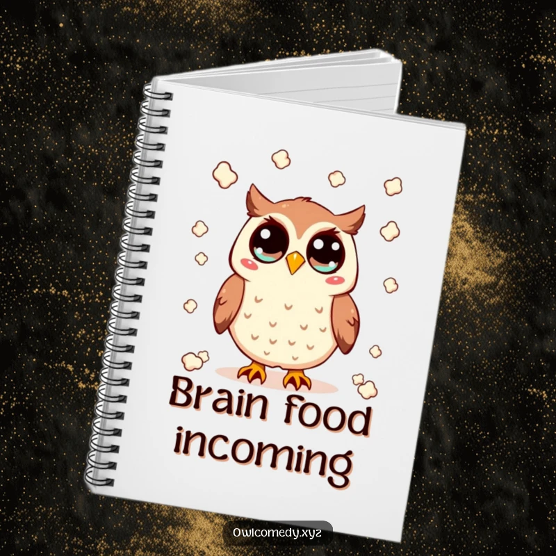 Funny Kawaii owl notebook with wide eyes, throwing popcorn, encouraging creative writing with a humorous and cute design, great for gifts.