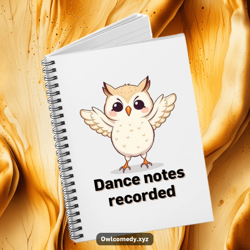 Lined notebook with a funny owl dancing energetically, wings flapping. Perfect for journaling or planning.