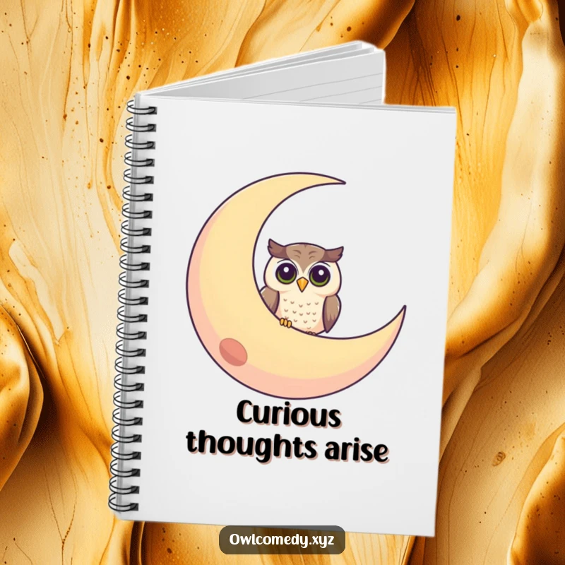 Funny notebook with a whimsical cover illustration of a curious owl peeking from behind a smiling crescent moon.