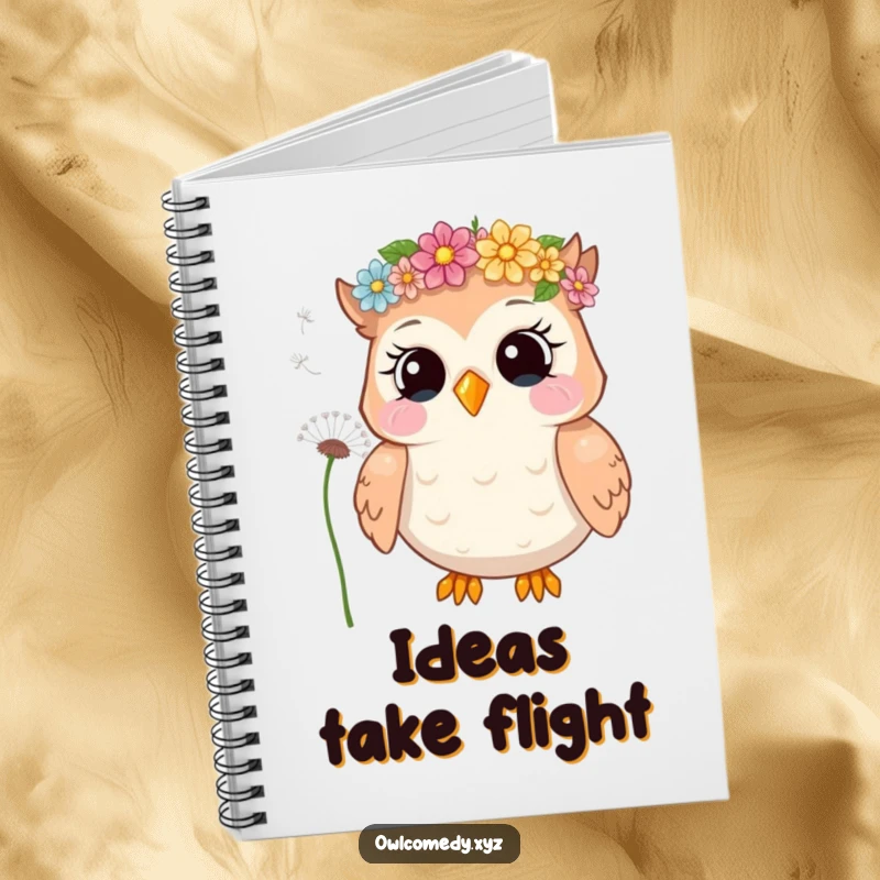 Funny notebook with a giggling owl wearing a flower crown, blowing dandelion seeds, perfect for journaling and note-taking.