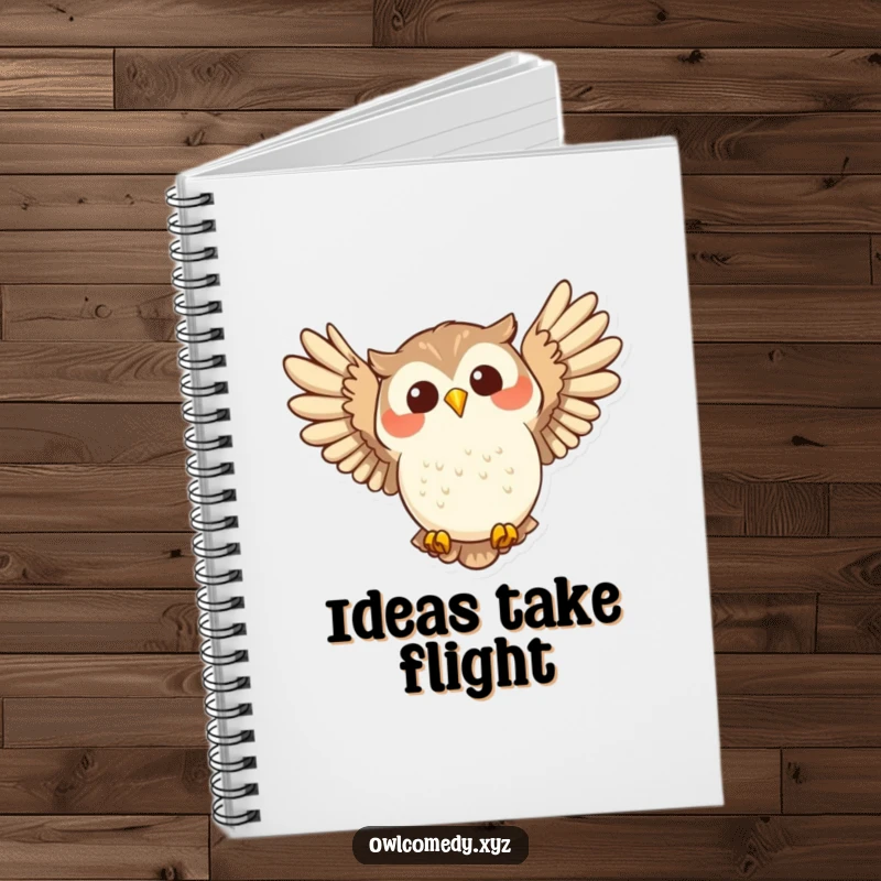 Funny joyful owl swooping with wide wings spread on a notebook cover, symbolizing freedom and happiness.