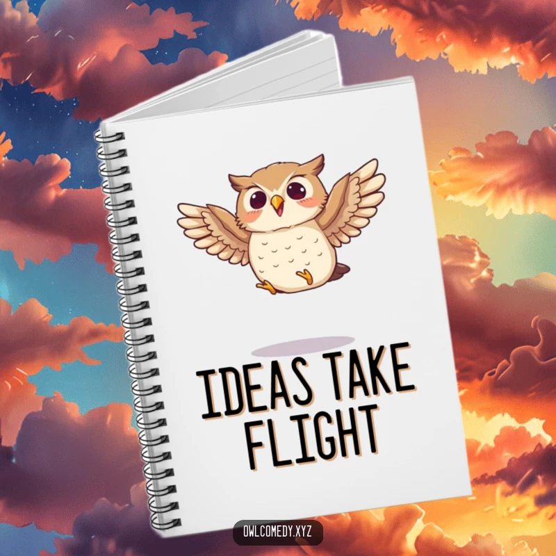 Funny notebook featuring a small owl enthusiastically flapping its wings mid-jump, perfect for jotting down energetic notes and plans.