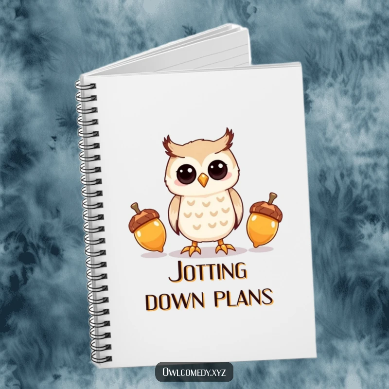 Funny kawaii owl attempting to juggle three shiny acorns, on the cover of a notebook.