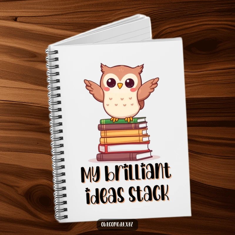 Funny kawaii owl balancing comically on a stack of tiny books, perfect for writing down ideas.