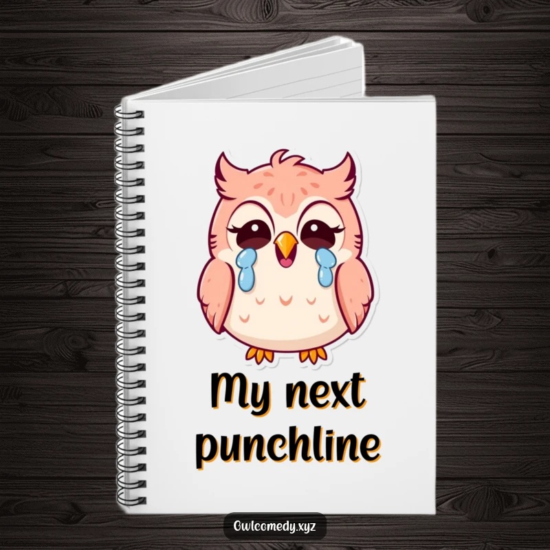 Funny Kawaii owl notebook, owl laughing hysterically, lined pages, journaling, whimsical, humorous stationery, funny gift.