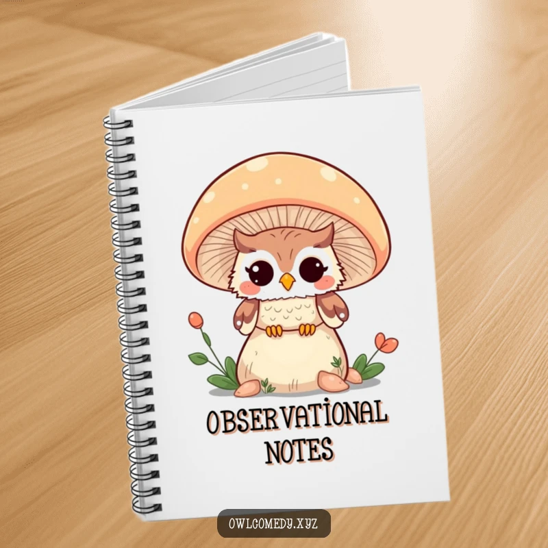 Funny Kawaii owl peeking and winking from behind a giant mushroom, featured on the cover of a notebook.