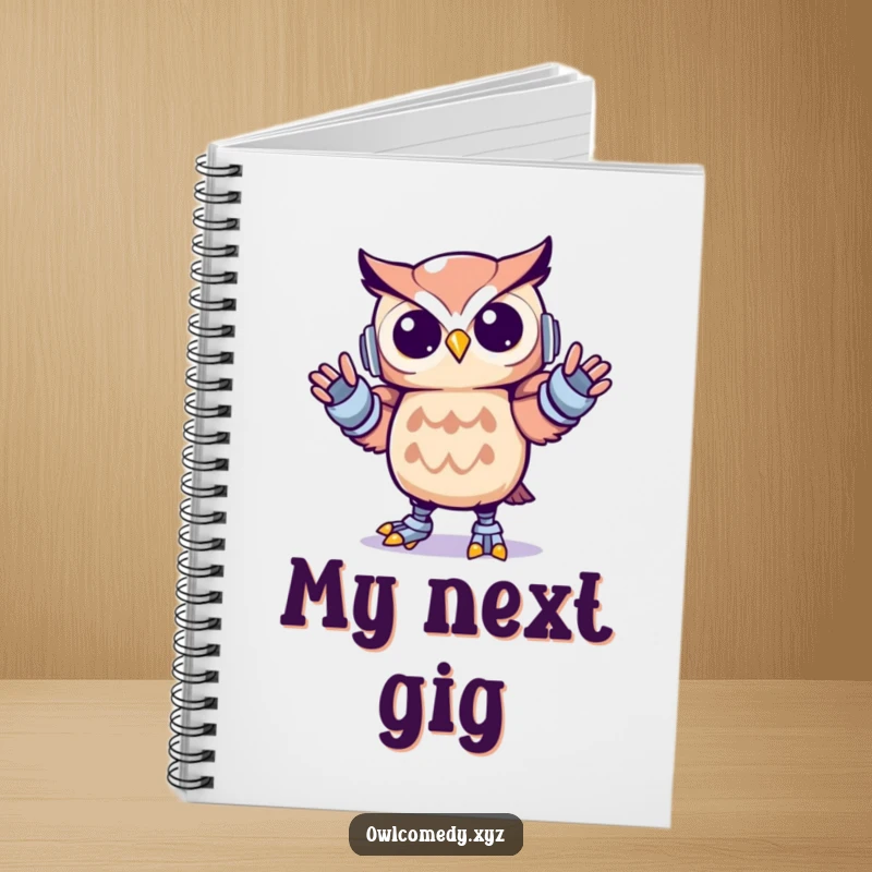 Funny Kawaii owl notebook with a cover depicting a cute owl performing energetic robot dance moves, perfect for note-taking.