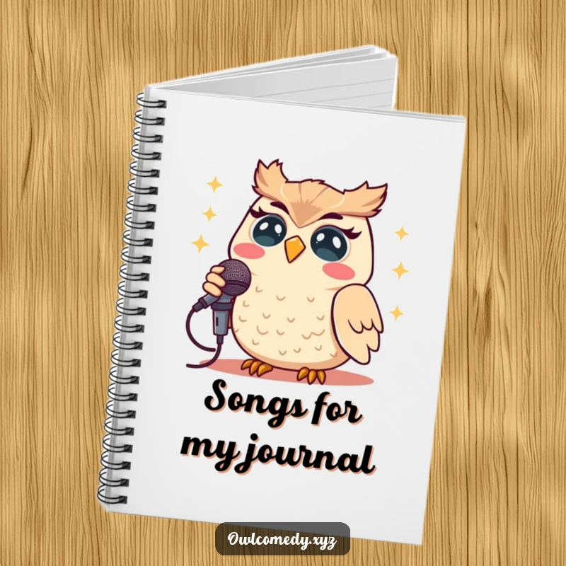 Funny Kawaii owl singing into a microphone on the cover of this inspiring and humorous notebook.