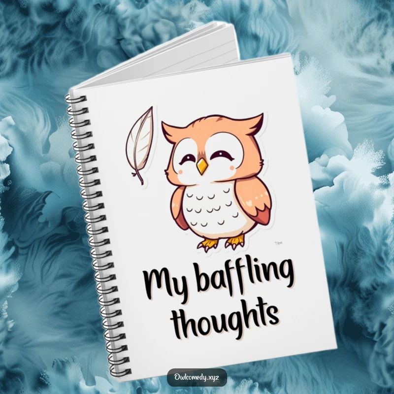 Funny Kawaii owl notebook, owl surprised by a feather, lined pages, journaling, curious stationery, humorous.