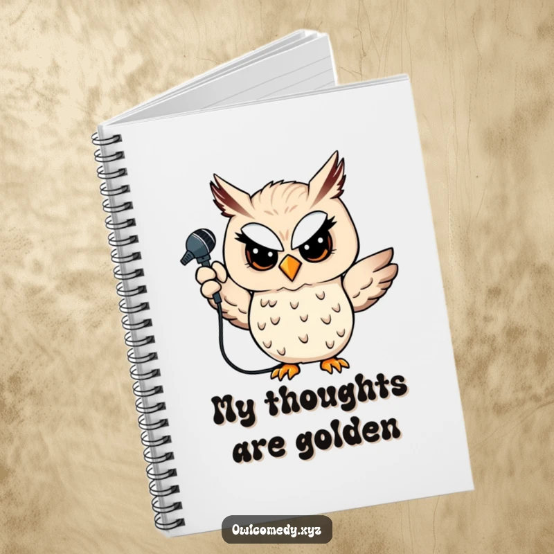 Funny owl notebook featuring a winking owl with a microphone, ideal for songwriting and note-taking with a performance touch.