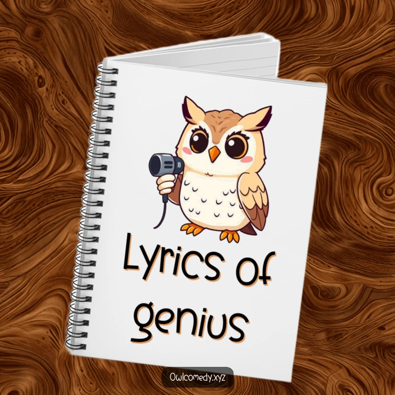 Funny notebook featuring a smiling owl holding a microphone, perfect for jotting down song lyrics and humorous notes.