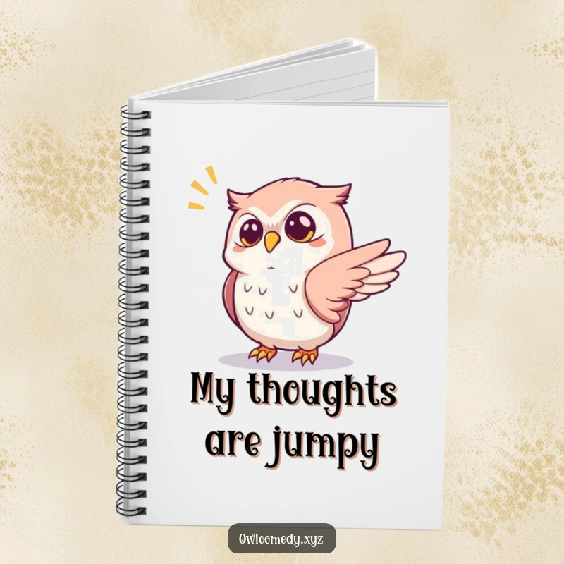 Funny startled kawaii owl notebook, with one wing outstretched reacting to a popping sound, a humorous diary for notes and reactions.