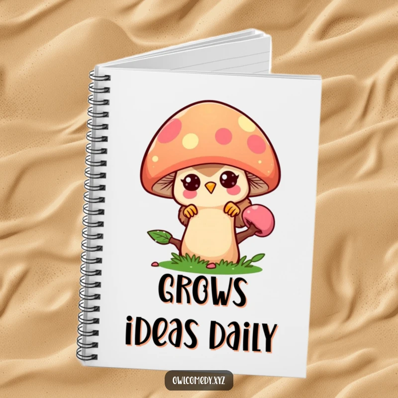 Funny kawaii owl peeking playfully from behind a large, colorful mushroom, on the cover of a notebook.
