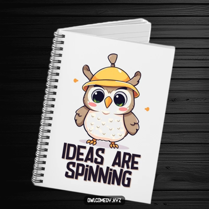 Funny kawaii owl notebook cover, an owl with a spinning propeller hat, looking surprised and delighted.