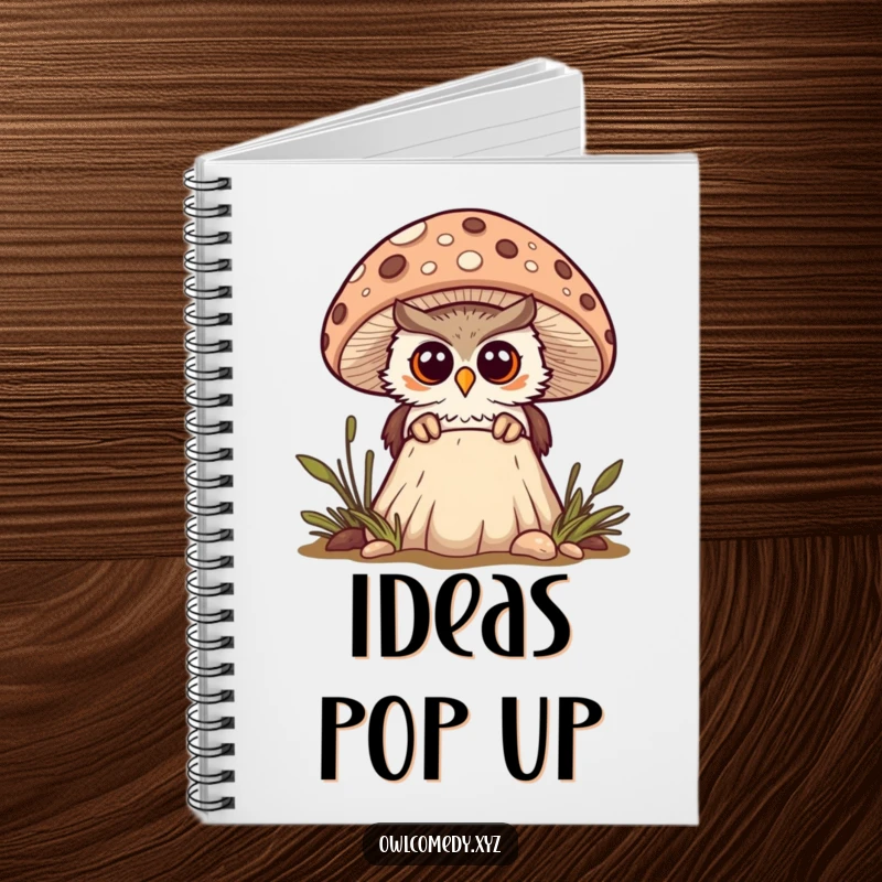 Funny curious kawaii owl peeking from behind a spotted mushroom, looking surprised, notebook, journal, woodland, discovery, cute.