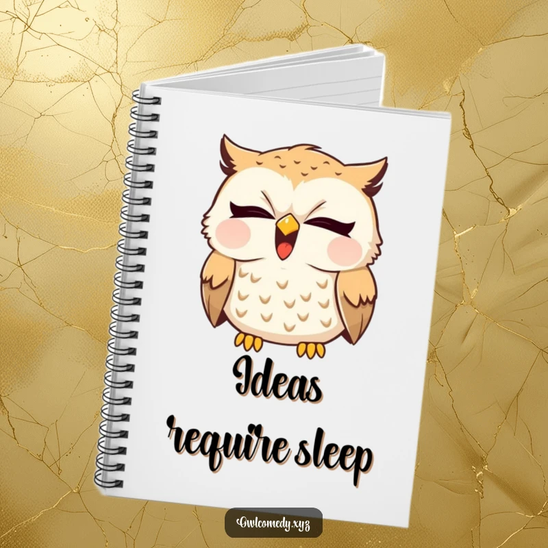 Lined notebook with a funny sleepy owl yawning widely, a tiny giggle escaping its beak. Perfect for journaling.