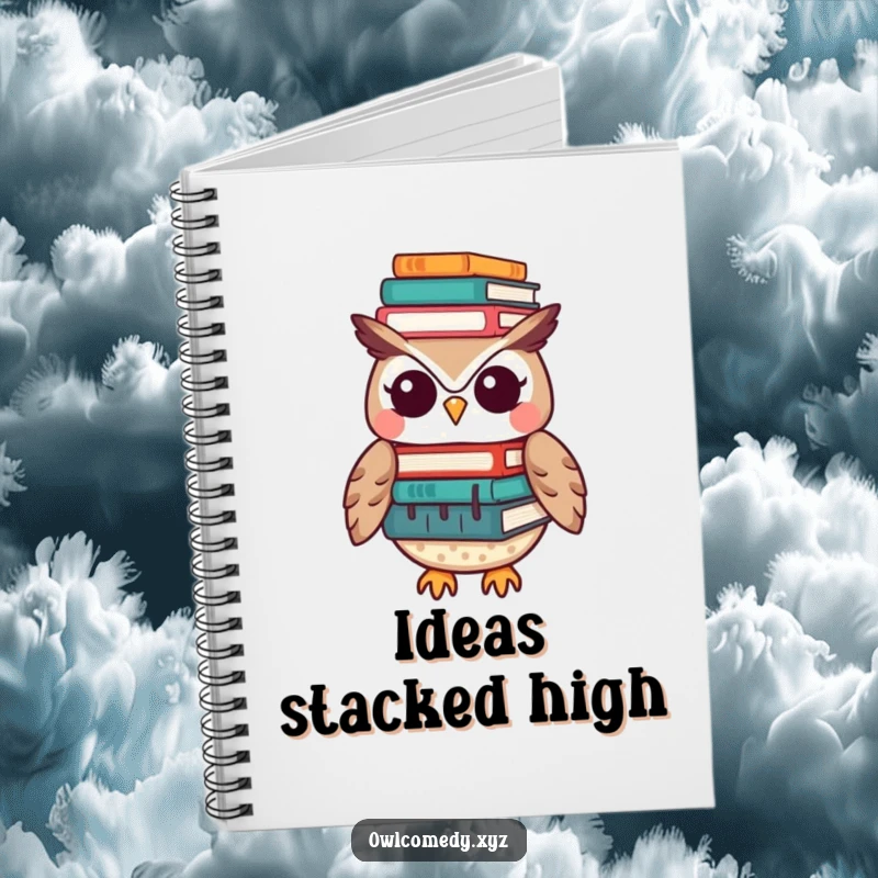 Funny Kawaii owl notebook with a cover depicting a cute owl balancing a tall stack of books on its head, great for note-taking.