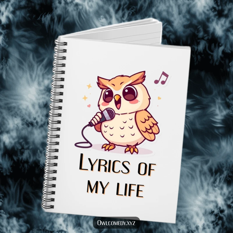 Funny notebook with a cover image of an enthusiastic owl character singing into a microphone, perfect for lyrics and ideas.
