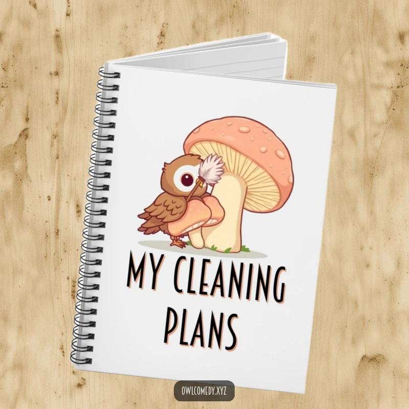 Funny notebook cover with an owl using a feather duster to playfully clean a giant mushroom, designed for organized fun.