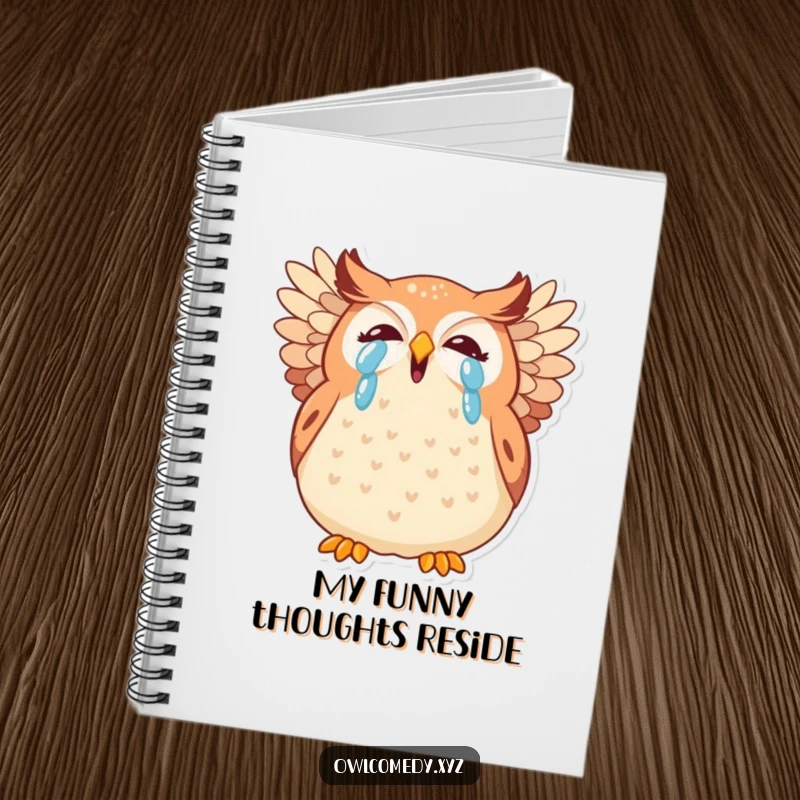 Funny kawaii owl notebook cover, a plump, crying-with-laughter owl with wings akimbo, ready for your thoughts.
