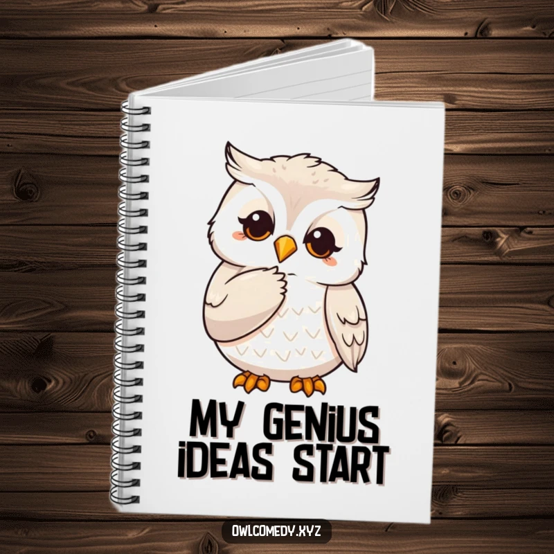 Funny notebook with a cover image of a wise owl character stroking its chin with a claw, perfect for notes and musings.