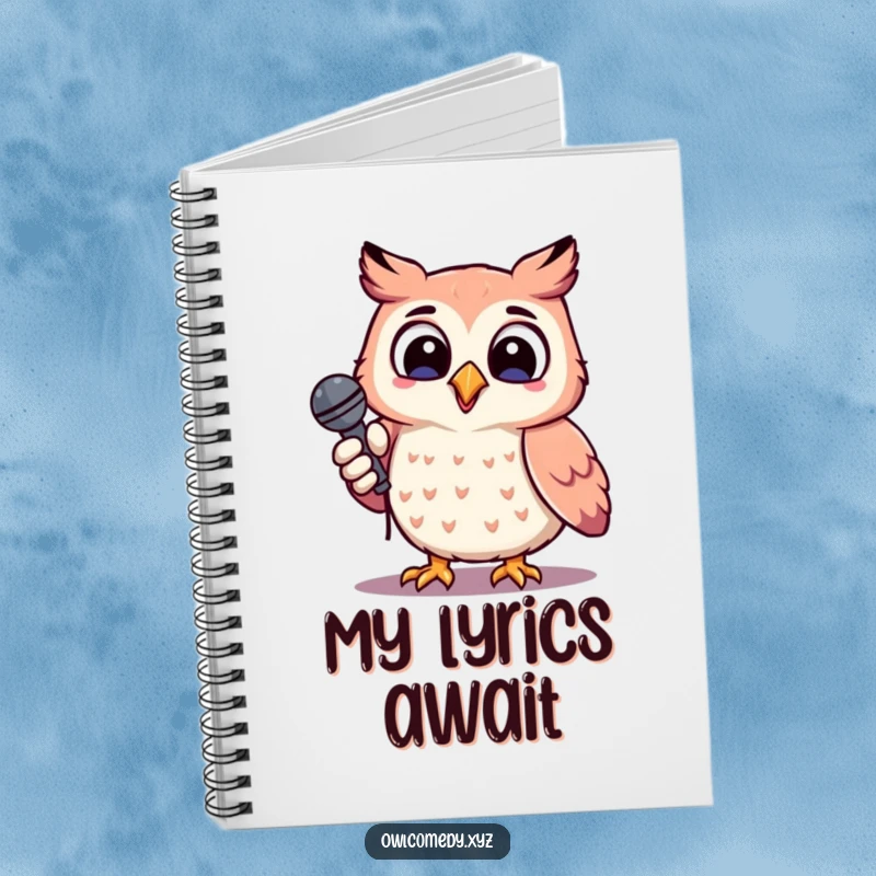Funny cheerful kawaii owl holding a microphone, head tilted, singing, notebook, journal, music, songwriting, cute.