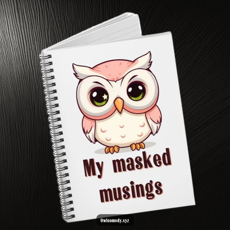Funny Comedy Mask Owl Notebook with a kawaii owl's large, sparkling eye peeking from behind a big comedy mask.