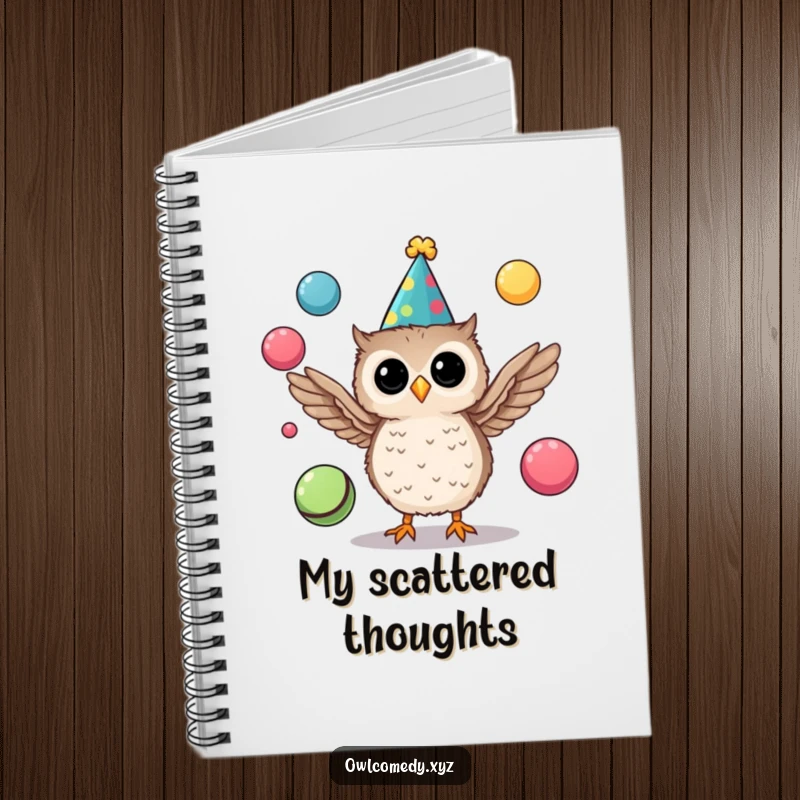 Funny notebook with a lively cover illustration of a tiny owl wearing a party hat and juggling colorful balls with its wings.