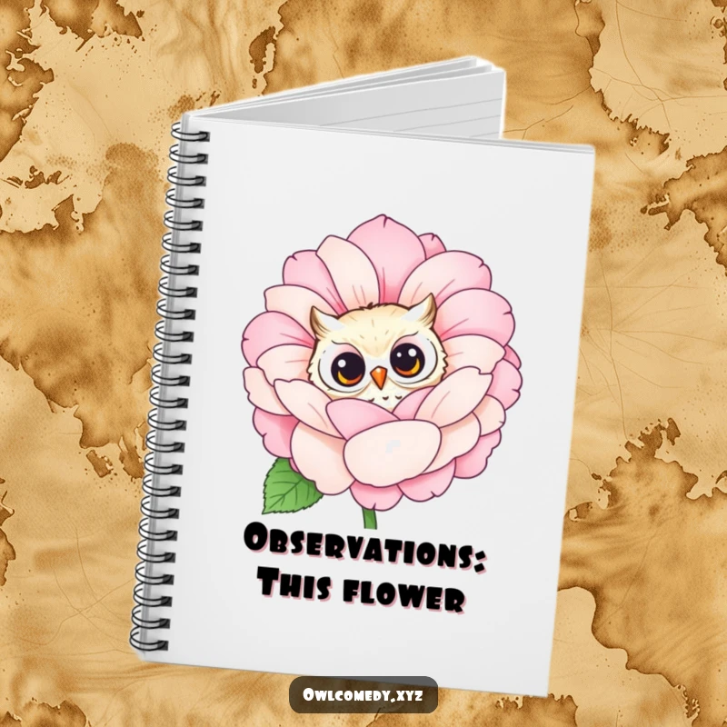 Lined notebook with a funny owl peeking from behind a large, blooming flower. Perfect for journaling.