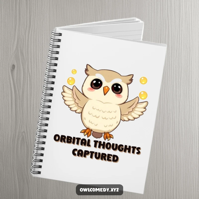 Funny owl notebook featuring a jubilant owl balancing glowing orbs, perfect for jotting down notes and ideas.
