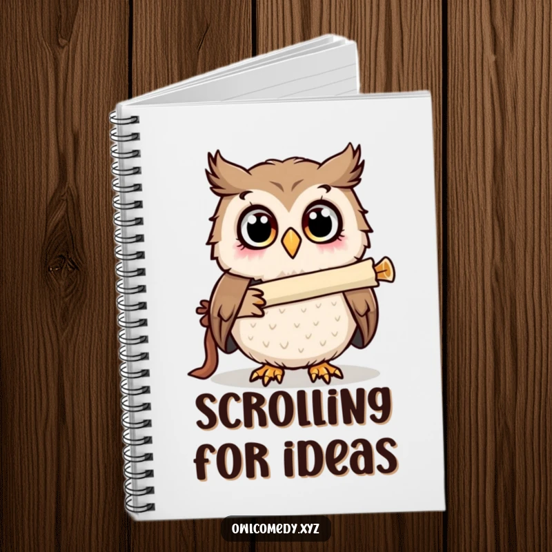 Funny surprised owl looking through a scroll telescope on a notebook cover, eyes wide with curiosity, for journaling.