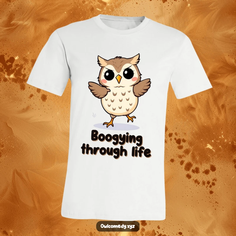 Funny kawaii owl t-shirt, an owl performing a silly dance jig with visible motion lines indicating quick steps.