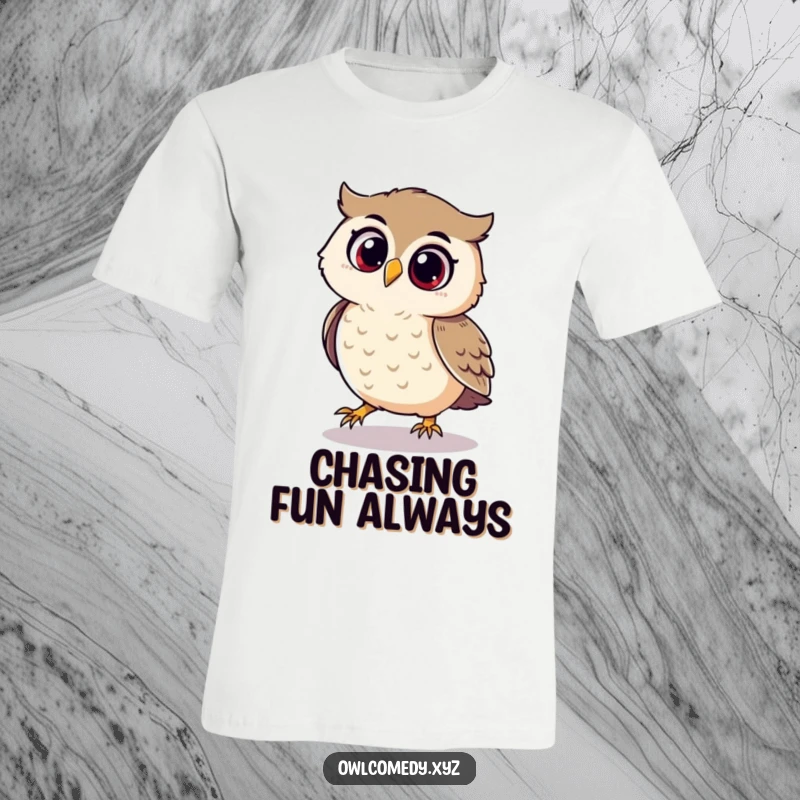 Funny t-shirt with a playful owl looking delighted while chasing its own shadow with glee.