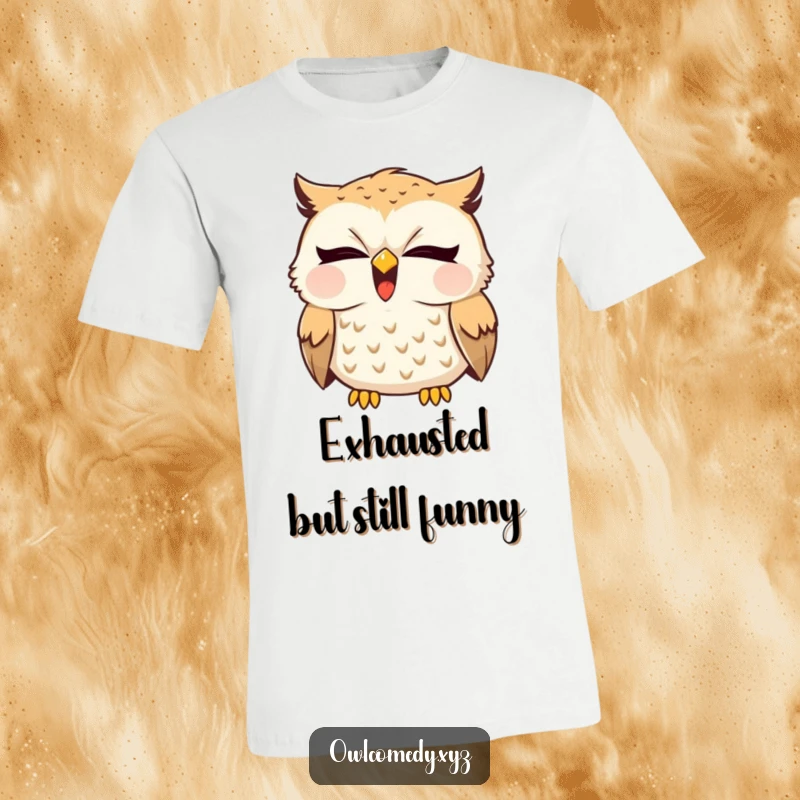 Funny t-shirt graphic of a sleepy owl caught mid-yawn with a tiny suppressed giggle. Soft fabric for ultimate comfort.
