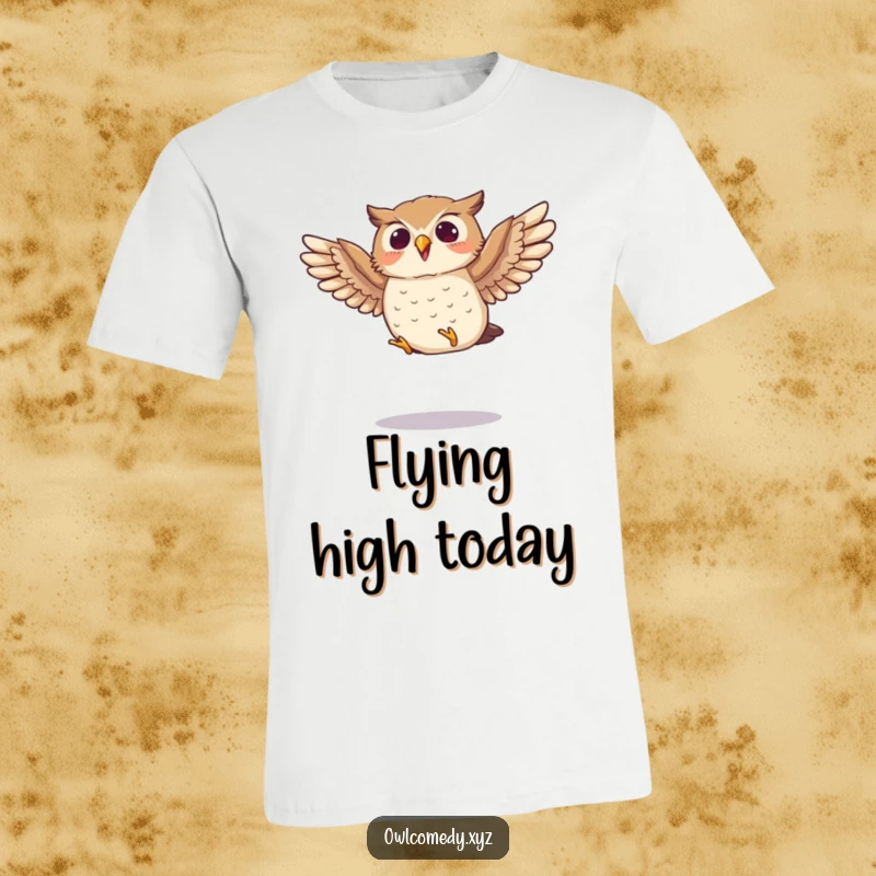 Funny t-shirt featuring a small owl enthusiastically flapping its wings while mid-jump, a design full of energy and fun.