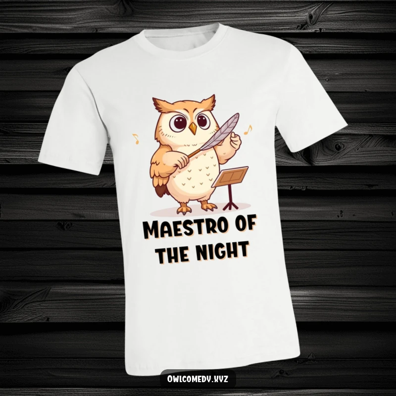 Funny owl acting as a conductor with a feather baton, on a t-shirt, embodying musical humor.