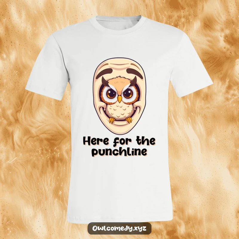 Funny curious owl peeking from a large comedy mask, expressing mischief and wit on a comfortable t-shirt.