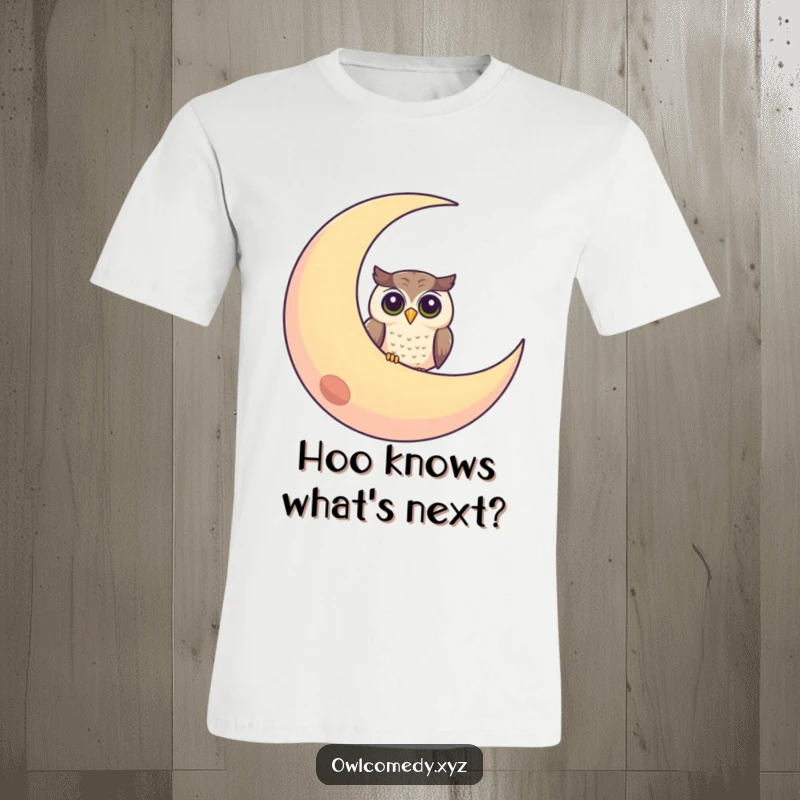 Funny t-shirt depicting a curious owl peeking from behind a large, smiling crescent moon, creating a playful scene.