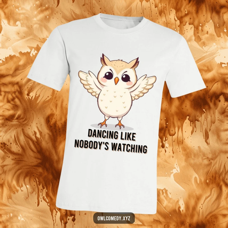 Funny graphic t-shirt featuring an owl in mid-dance, wings flapping energetically to an unseen beat. Comfortable and amusing apparel.