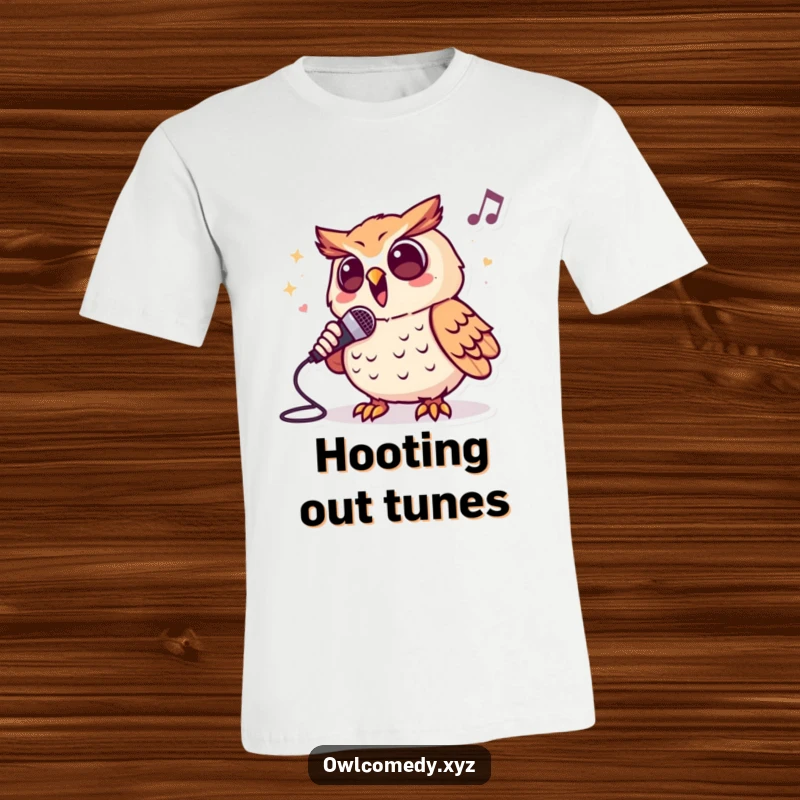 Funny t-shirt print of an owl character energetically singing into a microphone, capturing the excitement of a live performance.