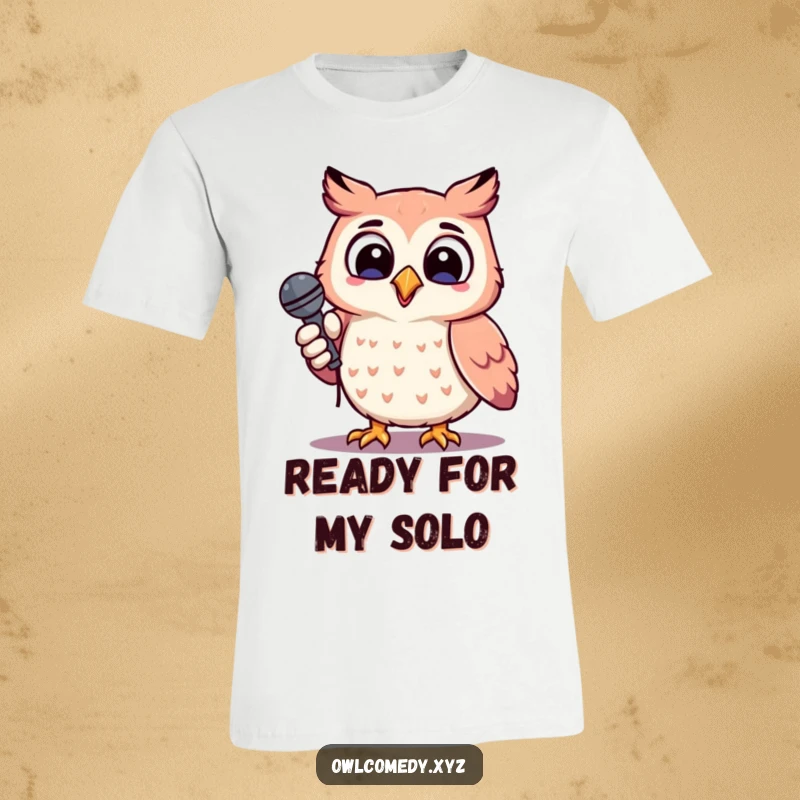 Funny cheerful kawaii owl holding a microphone, head tilted, singing, t-shirt, performance, music lover, fun.