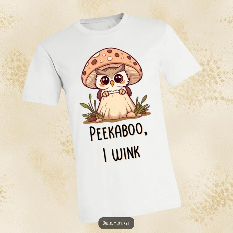 Funny curious kawaii owl peeking from behind a large spotted mushroom, looking surprised, t-shirt, woodland, discovery, cute.