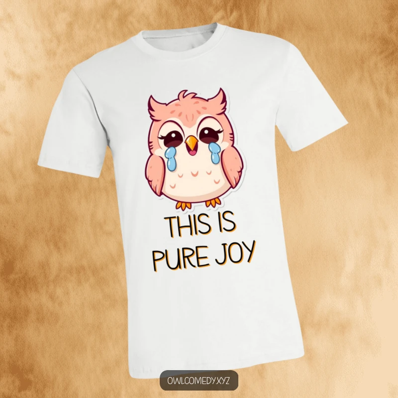 Funny Kawaii owl t-shirt, owl crying with laughter, hysterical, hilarious, joyful, expressive, comedy apparel.