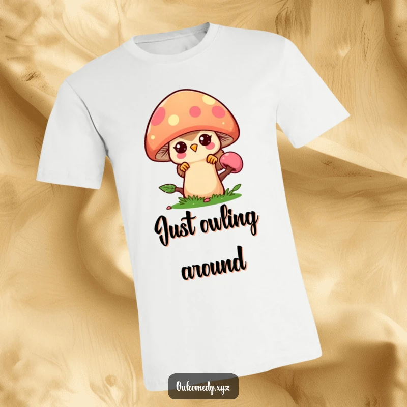 Funny kawaii owl character peeking playfully from behind a big, colorful mushroom, perfect for casual wear.