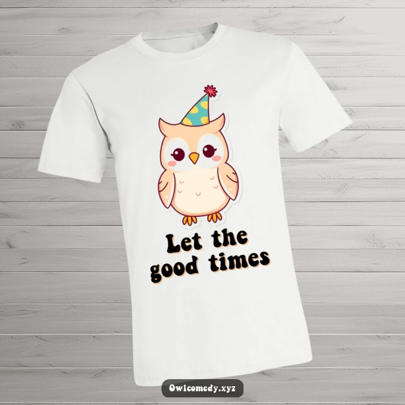 Funny Kawaii owl t-shirt, owl wearing a tilted party hat, festive, cheerful, celebratory apparel, fun.